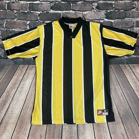 Vintage Nike Soccer Jersey Yellow Black Striped Center Swoosh Size M 90s Team - Picture 1 of 16
